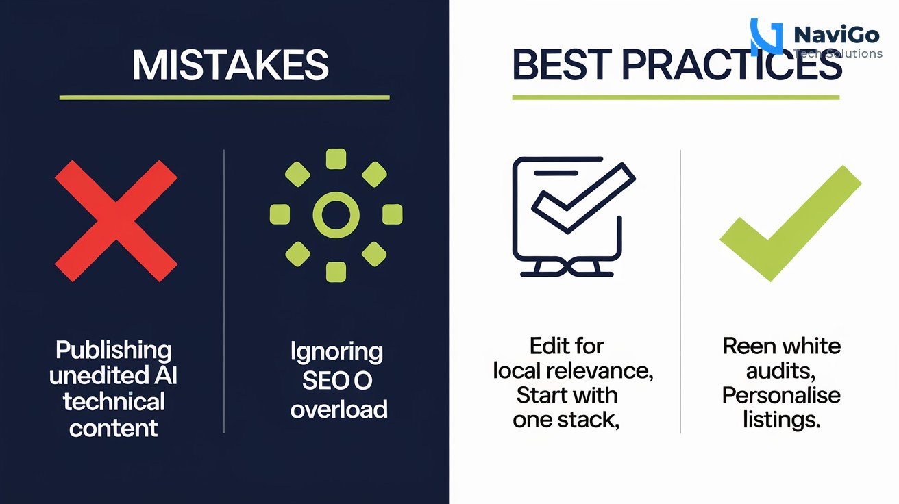 2-column comparison grid, Mistakes (red X) on the left: Publishing Unedited AI Content, Ignoring Technical SEO, Tool Overload, No Local SEO. Best Practices (green check) on the right: Edit for Local Relevance, Run Weekly Audits, Start with One Stack, Personalise Listings. Clean white background.