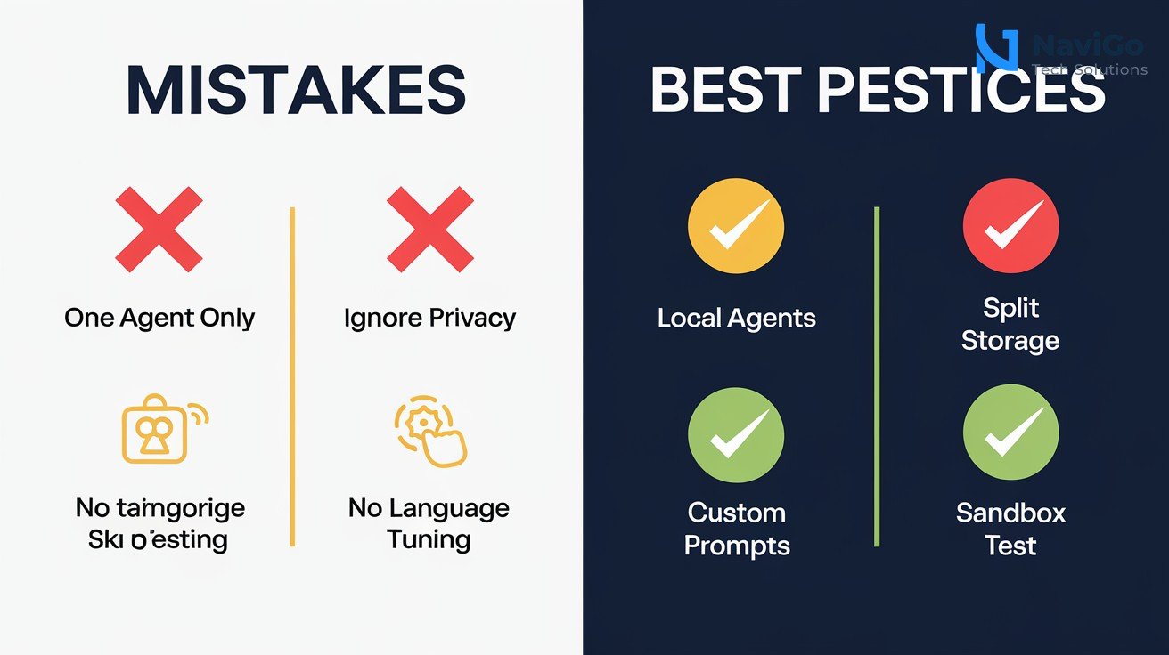 2-column comparison infographic on a white background. Left column shows 4 Mistakes in red X icons: One Agent Only, Ignore Privacy, No Language Tuning, Skip Testing. Right column shows 4 Best Practices in green check icons: Split agents, Local storage, Custom prompts, Sandbox test. Clean professional design with premium colours.