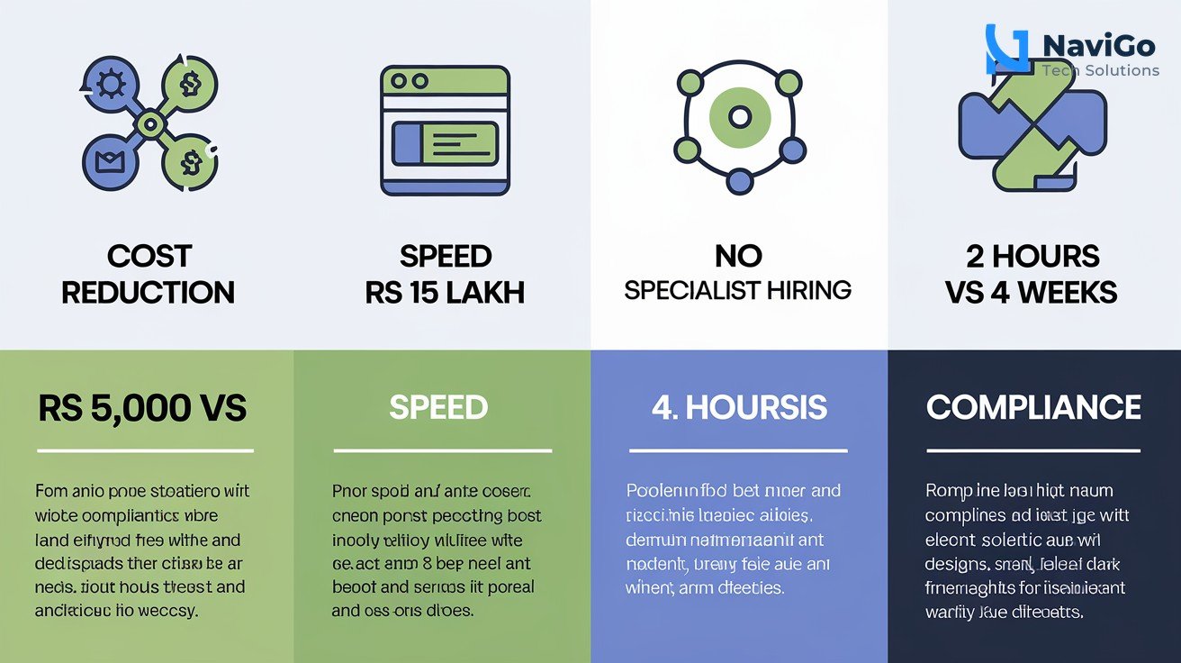 list-based infographic showing 4 reasons why AWS multi-agent social intelligence matters for Indian SMEs: 1. Cost Reduction 2. Speed 3. No Specialist Hiring 4. Compliance. Each reason has a numbered colourful icon on a clean white background with short labels like 
