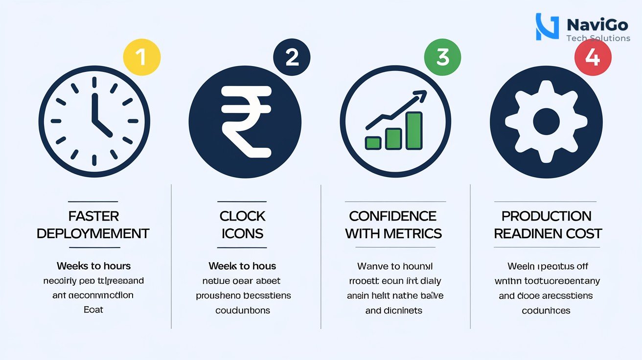 list-based infographic of 4 reasons why Indian firms need inference recommendations, with numbered colored icons: 1. Faster deployment (clock icon), 2. Lower costs (rupee icon), 3. Confidence with metrics (chart icon), 4. Production readiness (gear icon). Clean white background, premium blue and green colours, short labels like 