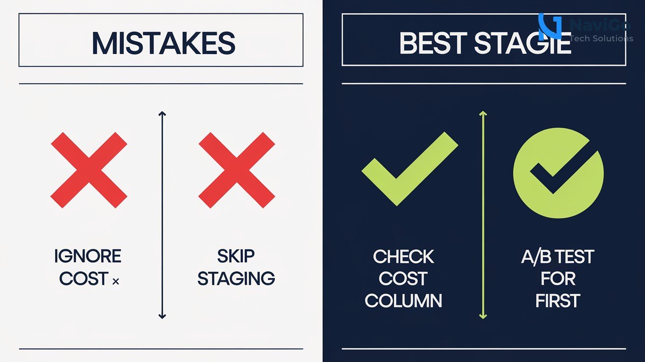 2-column comparison grid, Mistakes (red X) with examples like 