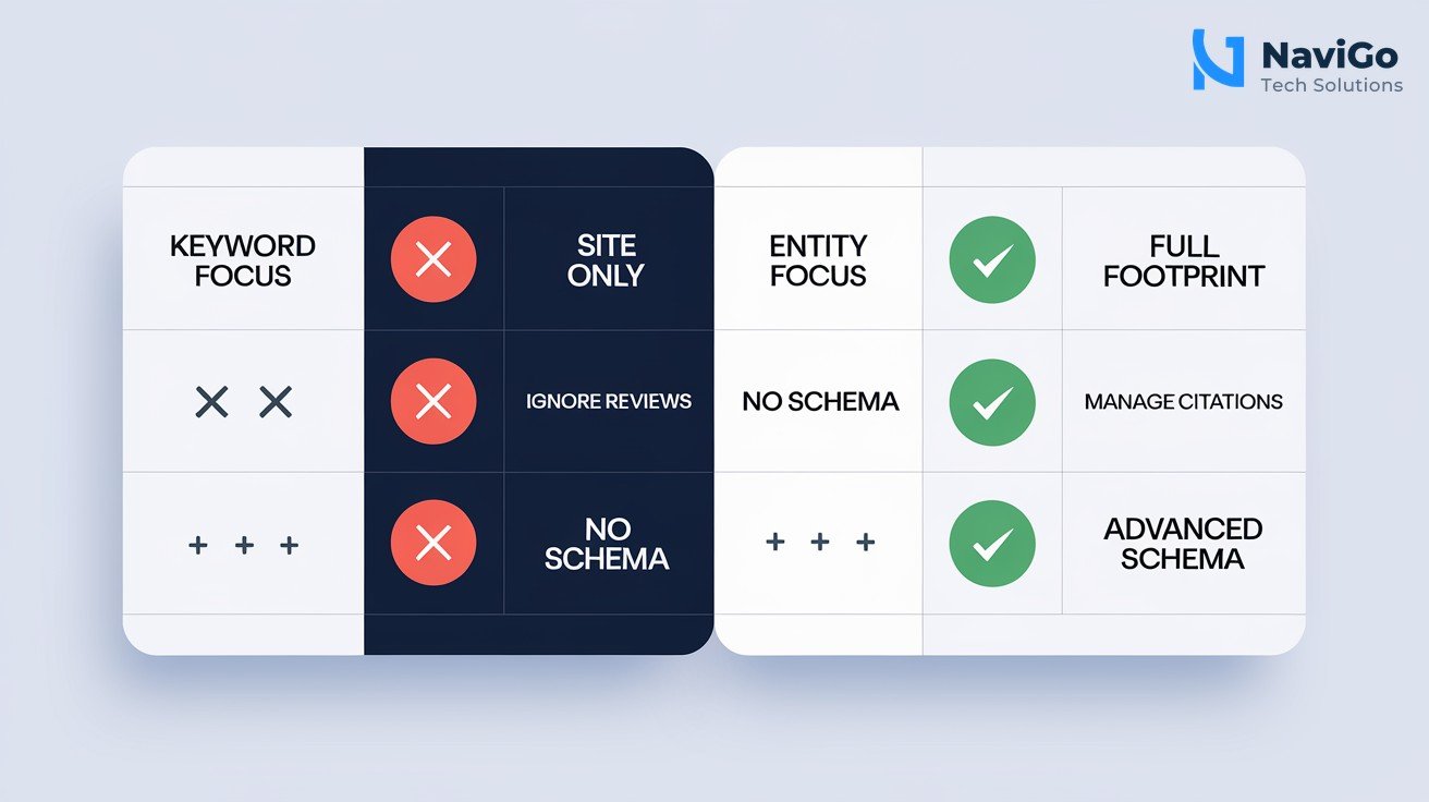 A professional 2-column comparison grid diagram showing Common Mistakes vs Best Practices. Left column has red X icons and labels: 'Keyword Focus', 'Site Only', 'Ignore Reviews', 'No Schema'. Right column has green checkmark icons and labels: 'Entity Focus', 'Full Footprint', 'Manage Citations', 'Advanced Schema'. Minimal modern flat design on clean white background. High contrast with navy blue and bright blue accents.