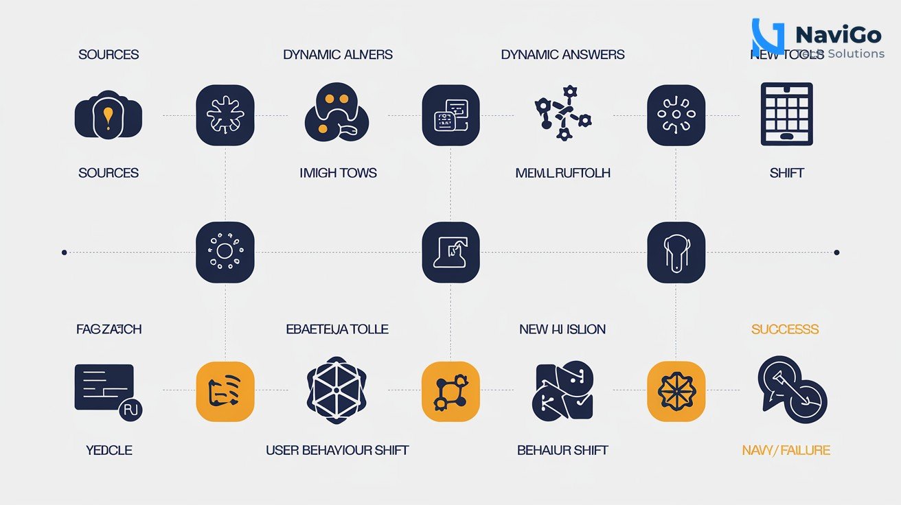 list-based infographic of why AI search tracking matters, numbered colored icons for sources, dynamic answers, new tools, and user behaviour shift, clean white background, premium colours