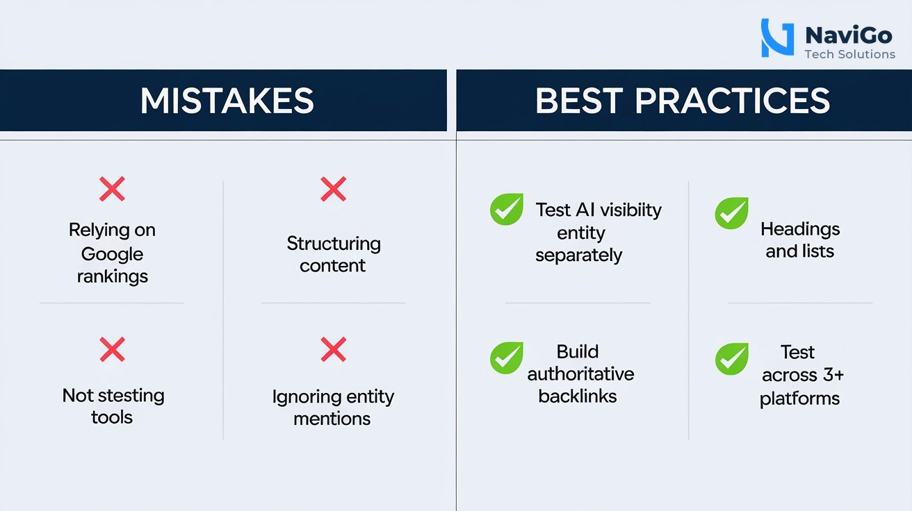 2-column comparison grid, Mistakes column with red X icons showing Relying on Google Rankings, Not Structuring Content, Ignoring Entity Mentions, Not Testing Multiple Tools, Best Practices column with green check icons showing Test AI Visibility Separately, Use Headings and Lists, Build Authoritative Backlinks, Test Across 3+ AI Platforms, clean white background