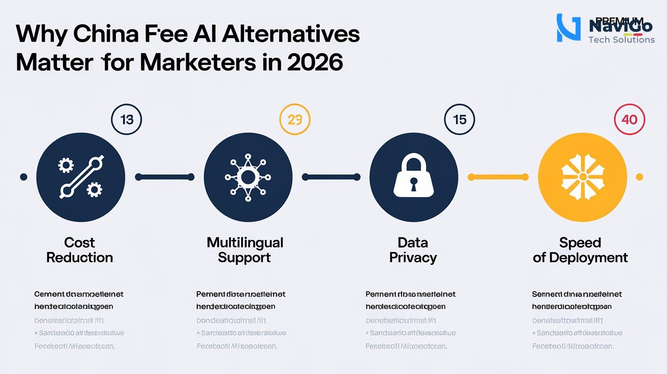 list-based infographic of why China free AI alternatives matter for Indian marketers in 2026, with numbered colored icons for Cost Reduction, Multilingual Support, Data Privacy, and Speed of Deployment, clean white background, premium dark blue and orange colours.