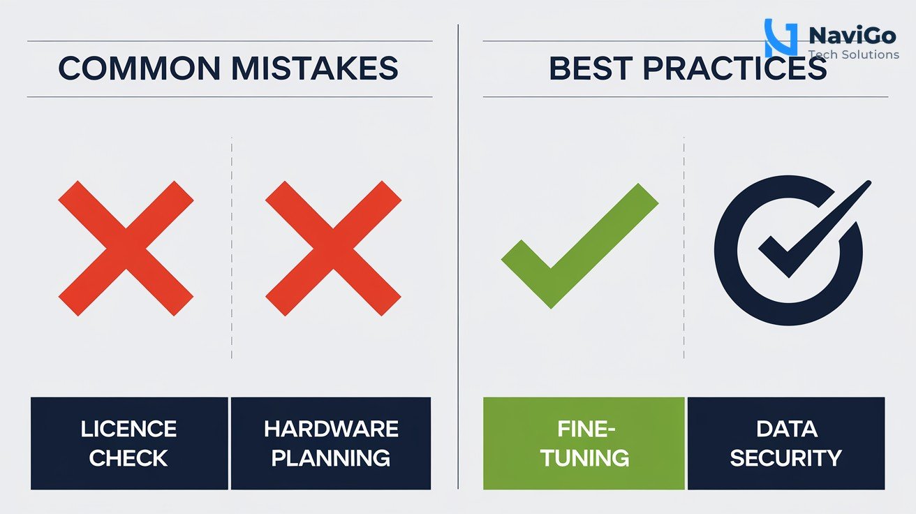 2-column comparison grid showing common mistakes on left (red X) and best practices on right (green check), topics include Licence Check, Hardware Planning, Fine-Tuning, and Data Security, clean white background with premium colours.