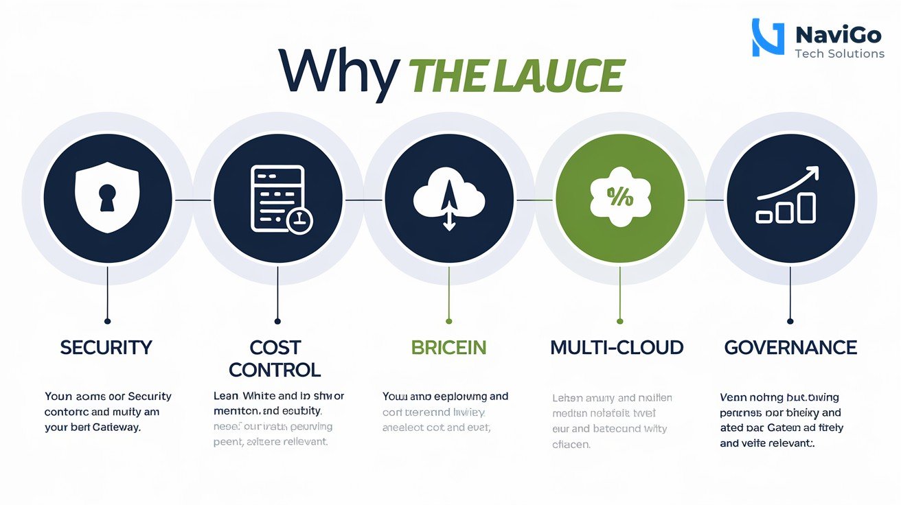 list-based infographic of why the Claude apps gateway matters: numbered icons for Security, Cost Control, Multi-Cloud, and Governance, each with a short label and a brief benefit, clean white background, premium blue and green colours, simple bar chart showing cost reduction after gateway deployment.