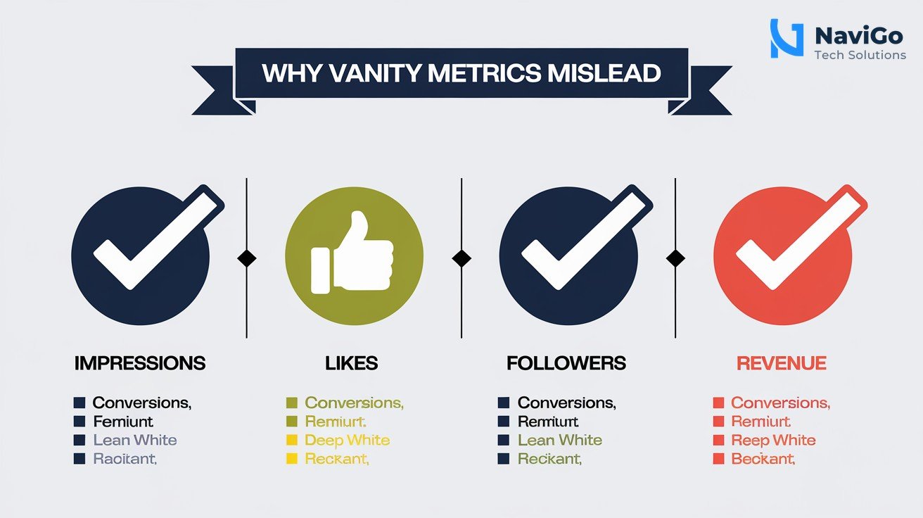 list-based infographic of why vanity metrics mislead, numbered colored icons showing Impressions, Likes, Followers crossed out, replaced by Conversions, Leads, Revenue with checkmarks, clean white background, premium colours.