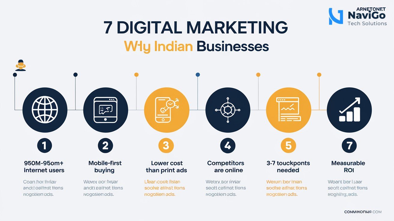 list-based infographic showing the 7 key reasons why digital marketing matters for Indian businesses. Numbered colored icons with labels: 1) 950M+ Internet Users, 2) Mobile-First Buying, 3) Lower Cost than Print Ads, 4) Competitors Are Online, 5) 3-7 Touchpoints Needed, 6) Measurable ROI, 7) 24/7 Visibility. Clean white background, premium blue and orange colours, simple bar chart showing cost comparison of traditional vs digital ads.