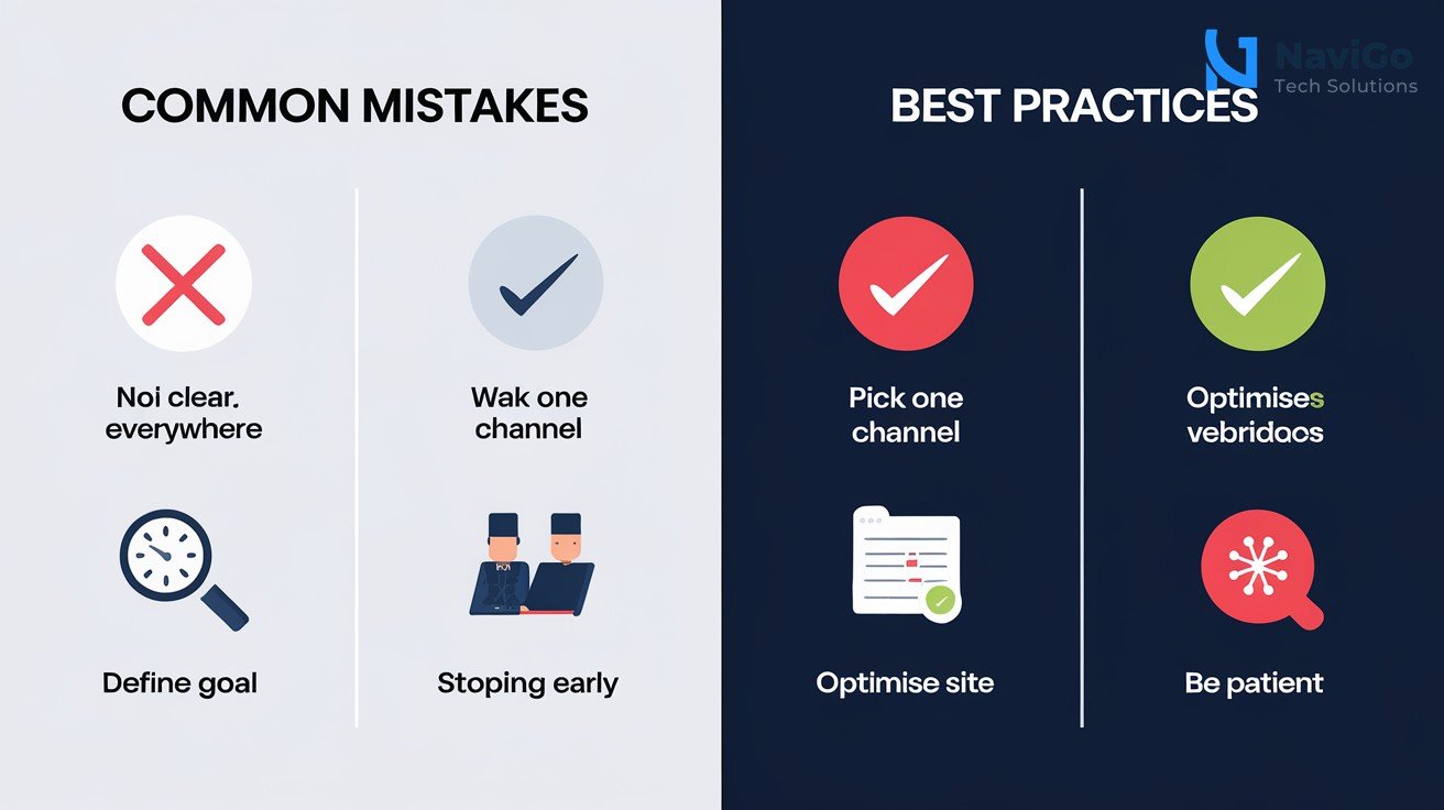 2-column comparison grid showing 4 common mistakes on the left (red X icons) and 4 best practices on the right (green check icons). Left column: No Clear Goal, Being Everywhere, Weak Website, Stopping Early. Right column: Define Goal, Pick One Channel, Optimise Site, Be Patient. Clean white background with premium colours, simple card-style layout with short labels.