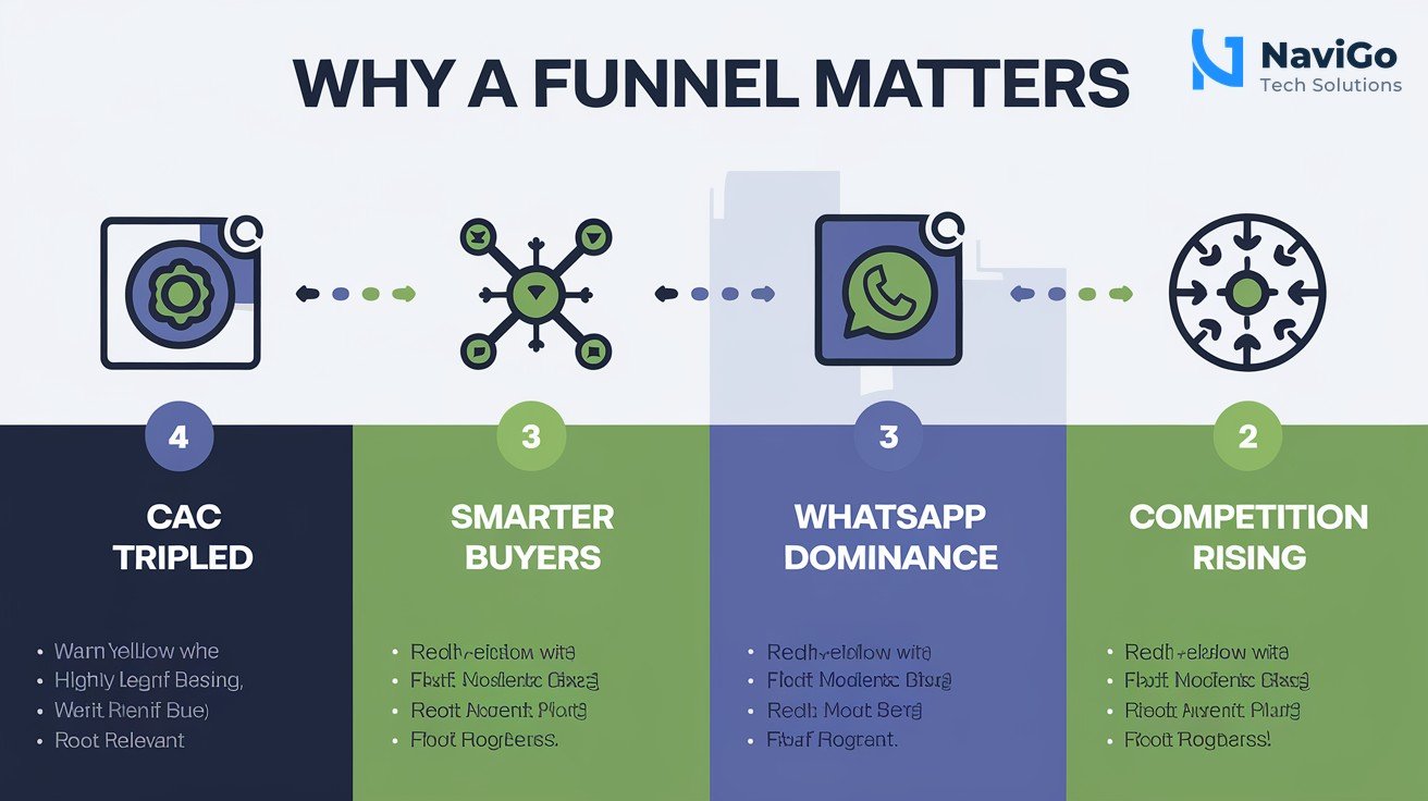 list-based infographic of why a funnel matters, numbered coloured icons showing 4 reasons: CAC tripled, smarter buyers, WhatsApp dominance, competition rising, on a clean white background with premium blue and green colours.