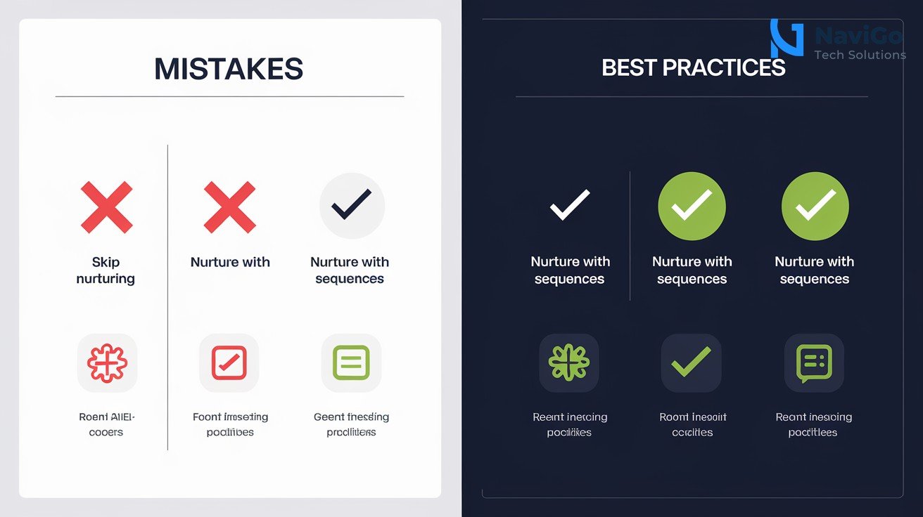 2-column comparison grid showing 4 mistakes on the left (red X icons) and 4 best practices on the right (green check icons), with clear short labels like 