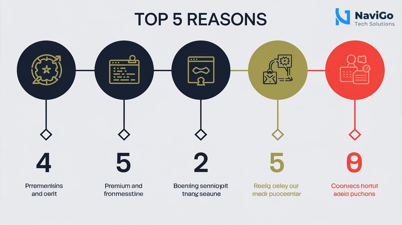 list-based infographic showing the top 5 reasons Indian businesses fail at digital marketing in 2026, each with a numbered coloured icon and short label on a clean white background, premium professional colours like deep navy and gold.
