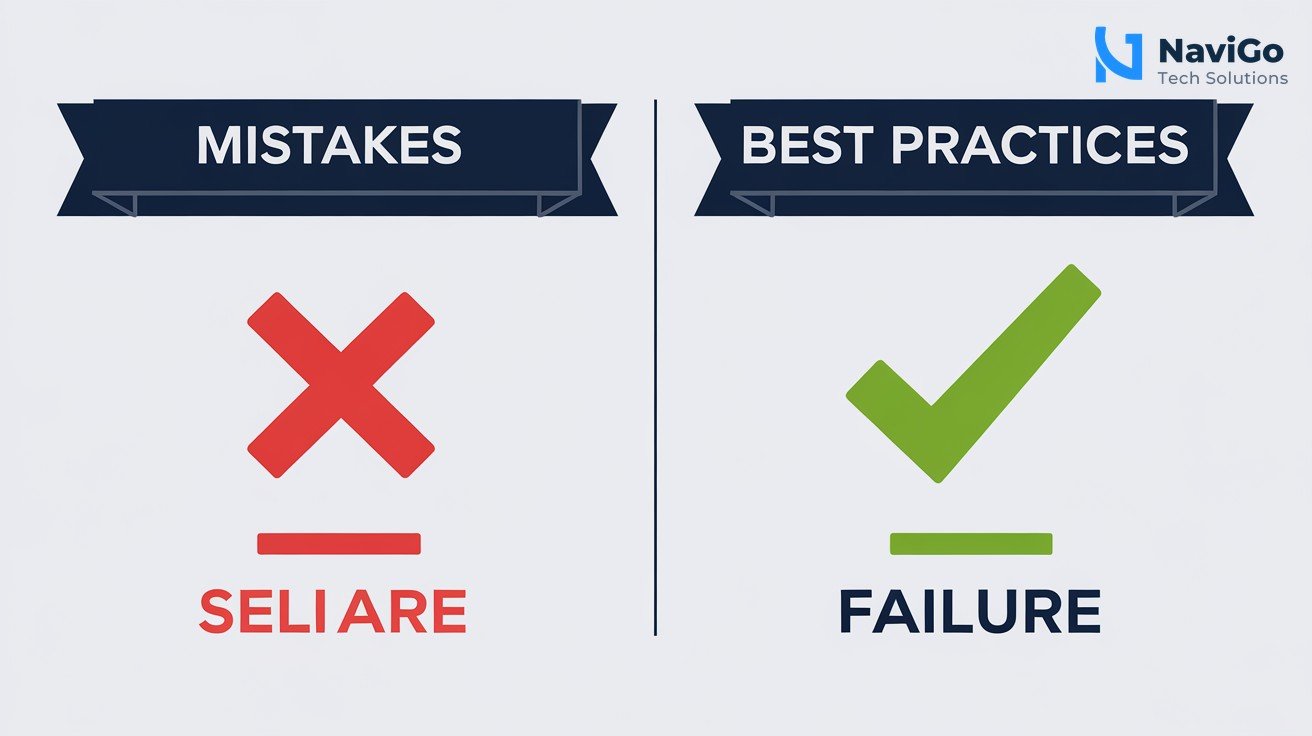 2-column comparison grid showing Mistakes (red X) on the left vs Best Practices (green check) on the right, each row with a short label on a clean white background, premium colours with soft shadows.