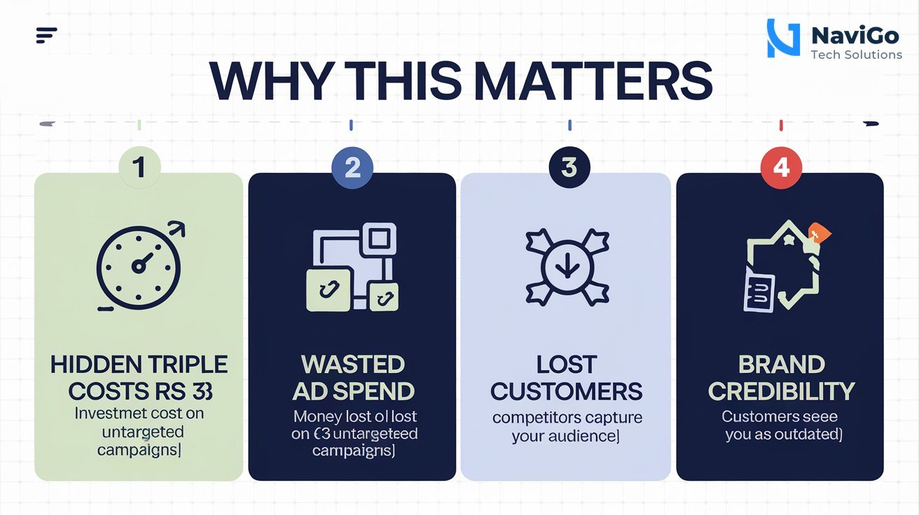 list-based infographic of why this matters, numbered colored icons, clean white background, premium colours. The infographic shows four boxes: 1. Hidden Triple Cost (Rs 1 investment costs Rs 3), 2. Wasted Ad Spend (money lost on untargeted campaigns), 3. Lost Customers (competitors capture your audience), 4. Brand Credibility Damage (customers see you as outdated). Each box has a simple icon and a short label. The background is clean white with a subtle grid pattern.