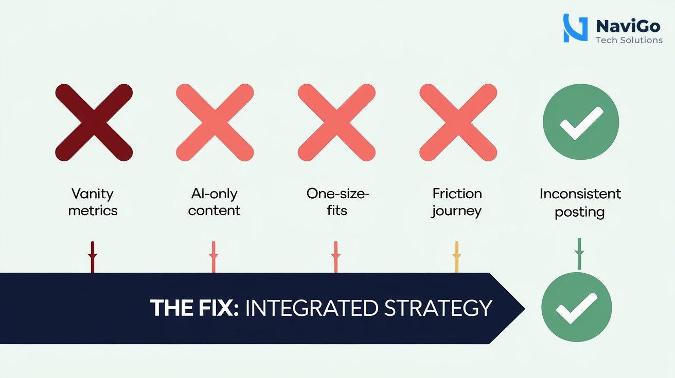 a clean infographic on a white background showing 5 numbered red X icons representing each of the 5 money-wasting mistakes. Each X has a short label underneath: Vanity Metrics, AI-Only Content, One-Size-Fits-All, Friction Journey, Inconsistent Posting. Below the X's there is a green arrow labelled