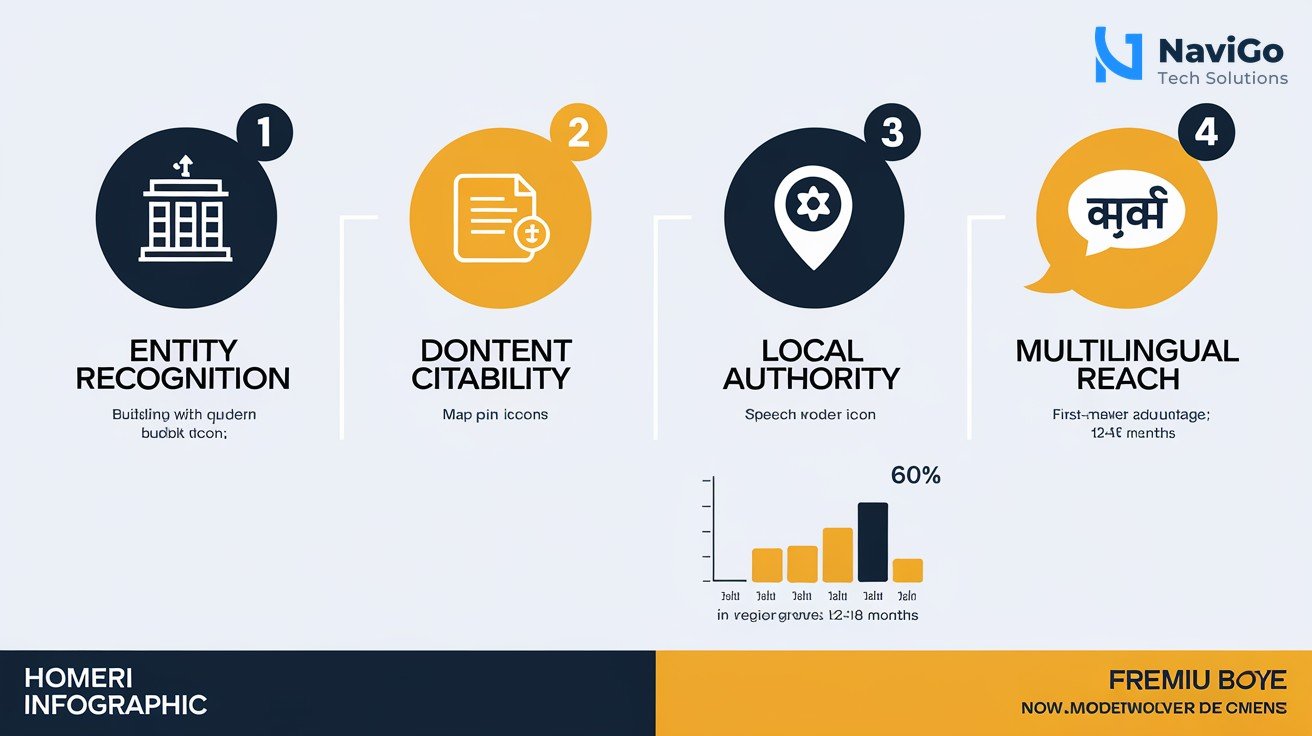 A clean modern infographic on a white background with four numbered icons: 1) Entity Recognition (building icon), 2) Content Citability (document with quote icon), 3) Local Authority (map pin icon), 4) Multilingual Reach (speech bubble with Hindi text). Premium blue and orange colours, short labels under each icon, simple bar chart showing 60-80% growth in regional queries, and a note
