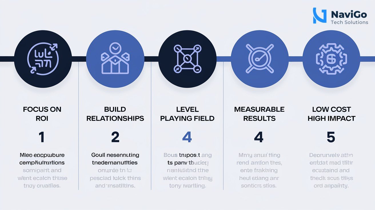 list-based infographic of why this matters, numbered colored icons, clean white background, premium colours. Icons show: 1. Focus on ROI, 2. Build Relationships, 3. Level Playing Field, 4. Measurable Results, 5. Low Cost High Impact. Each has a short label and a brief description.