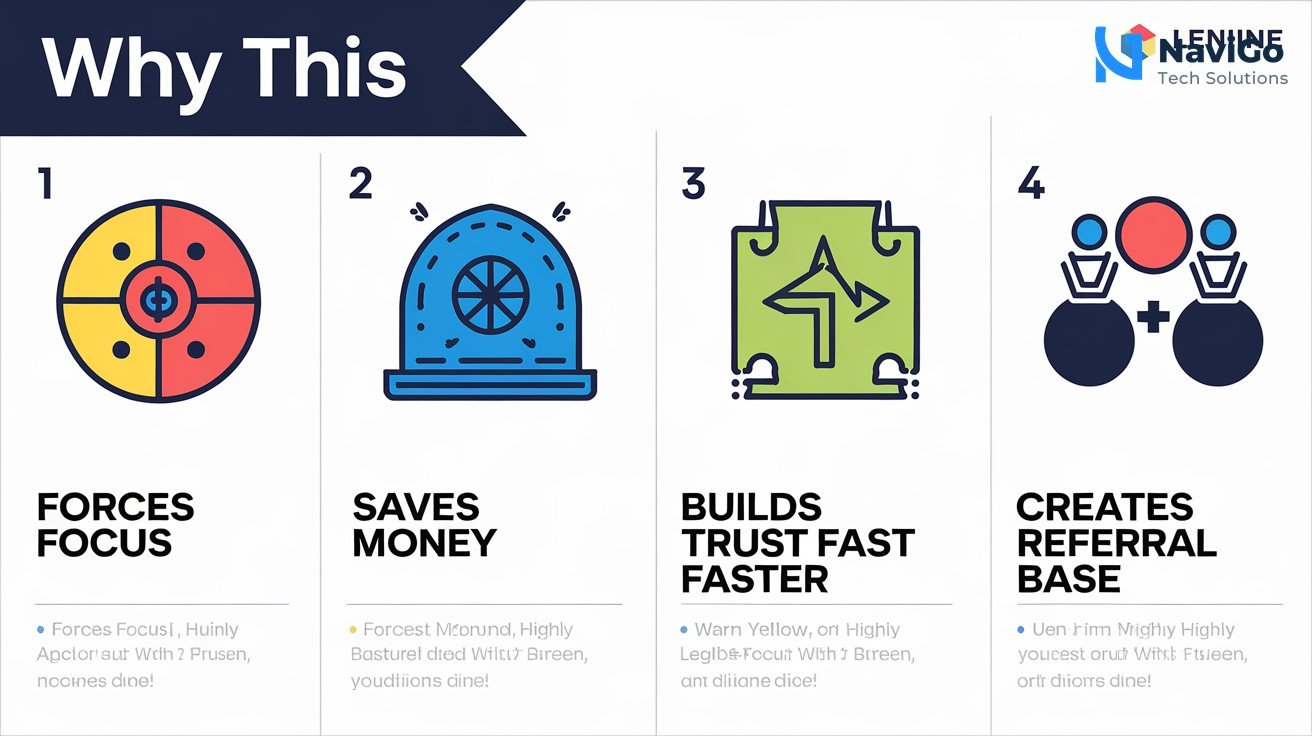 list-based infographic of why this matters, numbered colored icons, clean white background, premium colours showing 4 reasons: 1. Forces Focus, 2. Saves Money, 3. Builds Trust Faster, 4. Creates Referral Base