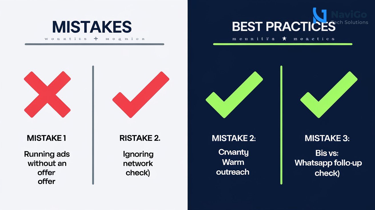 2-column comparison grid, Mistakes (red X) vs Best Practices (green check), clean white background showing Mistake 1: Running Ads Without an Offer (X) vs Best Practice: Clear Offer (check), Mistake 2: Ignoring Network (X) vs Best Practice: Warm Outreach (check), Mistake 3: No Follow-up (X) vs Best Practice: WhatsApp Follow-up (check)