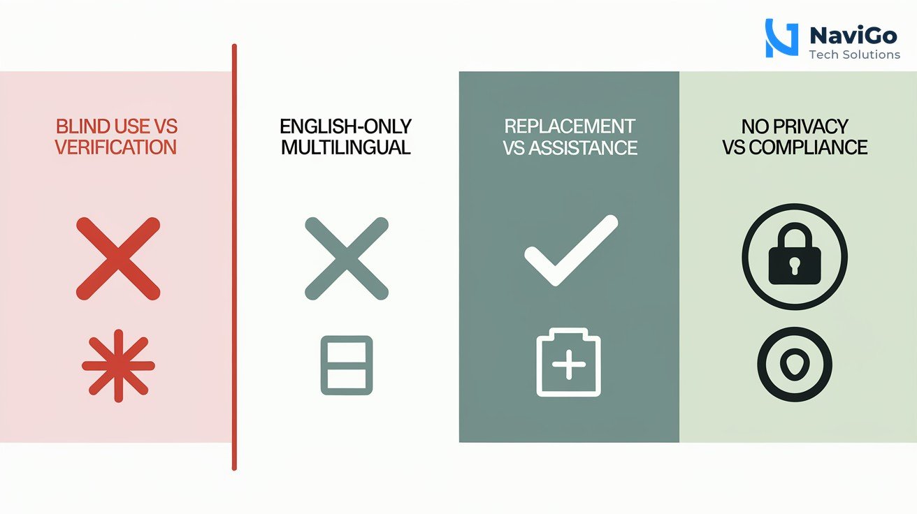 2-column comparison grid, Mistakes (red X) vs Best Practices (green check): Row1: Blind use vs Verification; Row2: English-only vs Multilingual; Row3: Replacement vs Assistance; Row4: No privacy vs Compliance. Clean white background, red/green colour contrast.