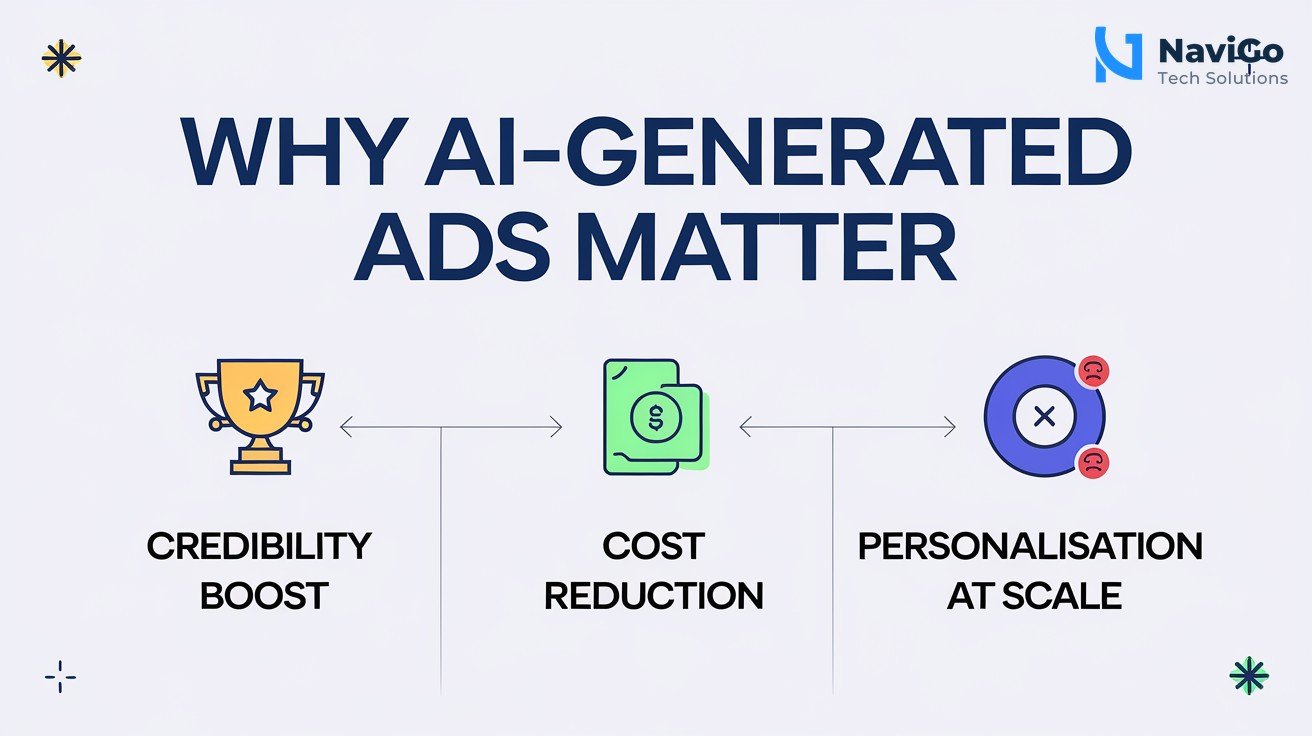 list-based infographic of why this matters, numbered colored icons, clean white background, premium colours. The infographic shows three key reasons: 1. Credibility Boost — AI meets Hollywood standards, 2. Cost Reduction — lower production costs for Indian brands, 3. Personalisation at Scale — create multiple ad versions easily. Each reason has a distinct icon and short label.