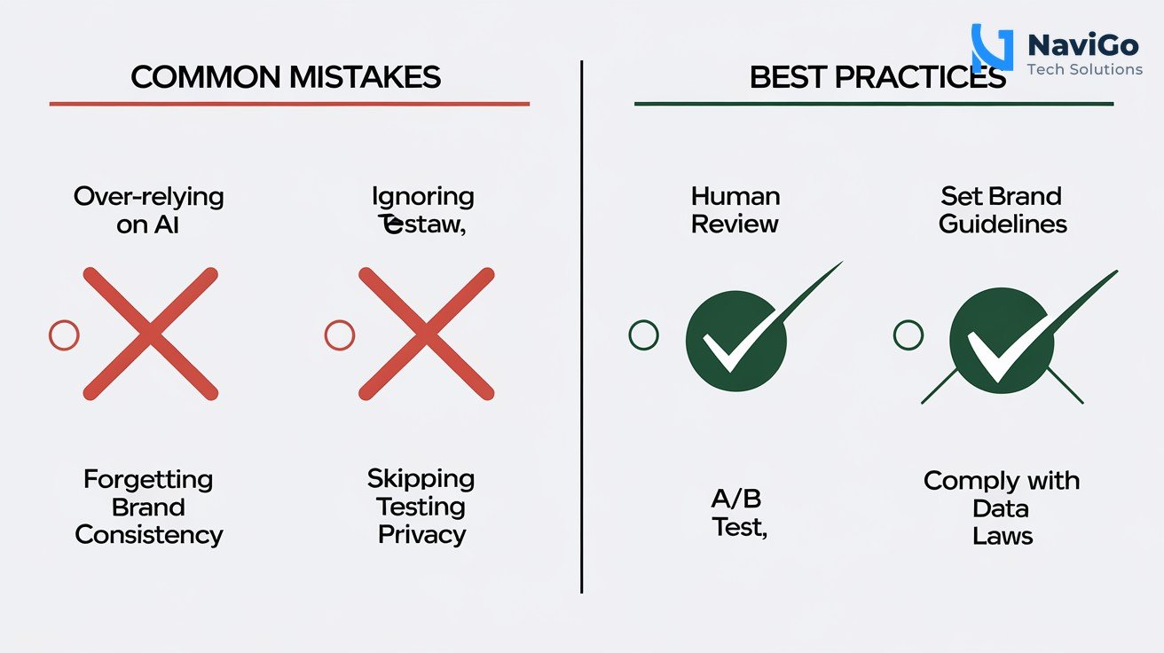2-column comparison grid, Mistakes (red X) vs Best Practices (green check), clean white background. Left column lists the four common mistakes with red X marks: Over-relying on AI, Ignoring Brand Consistency, Skipping Testing, Forgetting Data Privacy. Right column shows best practices with green check marks: Human Review, Set Brand Guidelines, A/B Test, Comply with Data Laws. Each row has a short label and icon.
