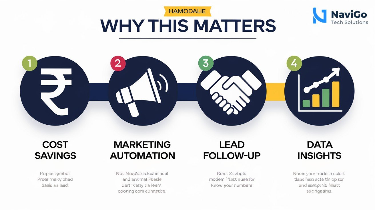 list-based infographic of why this matters, numbered coloured icons, clean white background, premium colours. Icons: 1. Cost savings (rupee symbol), 2. Marketing automation (megaphone), 3. Lead follow-up (handshake), 4. Data insights (chart). Each has a short label like