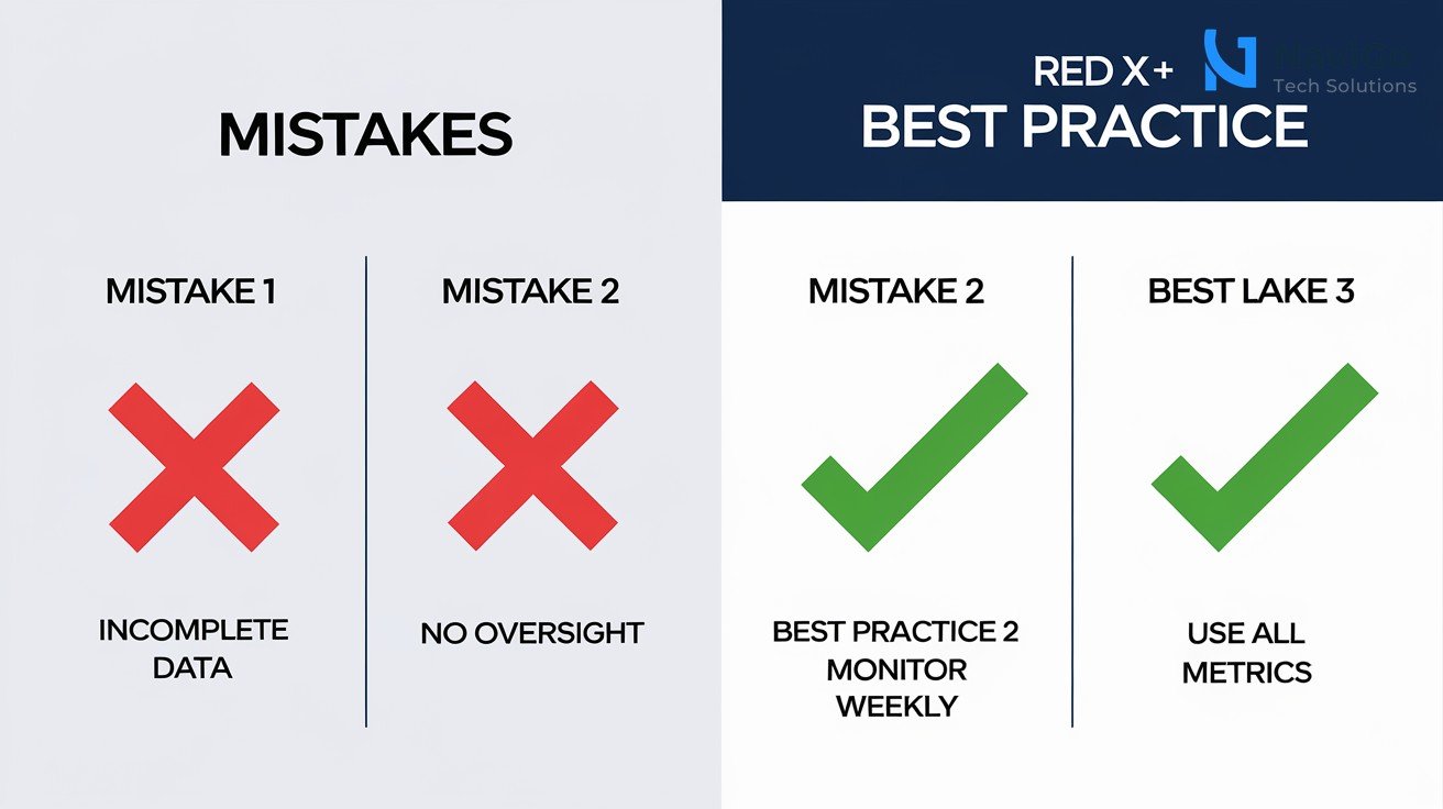 2-column comparison grid, Mistakes (red X) vs Best Practices (green check), clean white background. Left column: Mistake 1 Incomplete Data (red X), Mistake 2 No Oversight (red X), Mistake 3 Ignoring Metrics (red X). Right column: Best Practice 1 Audit Website (green check), Best Practice 2 Monitor Weekly (green check), Best Practice 3 Use All Metrics (green check). Each row has a short label and a small icon.