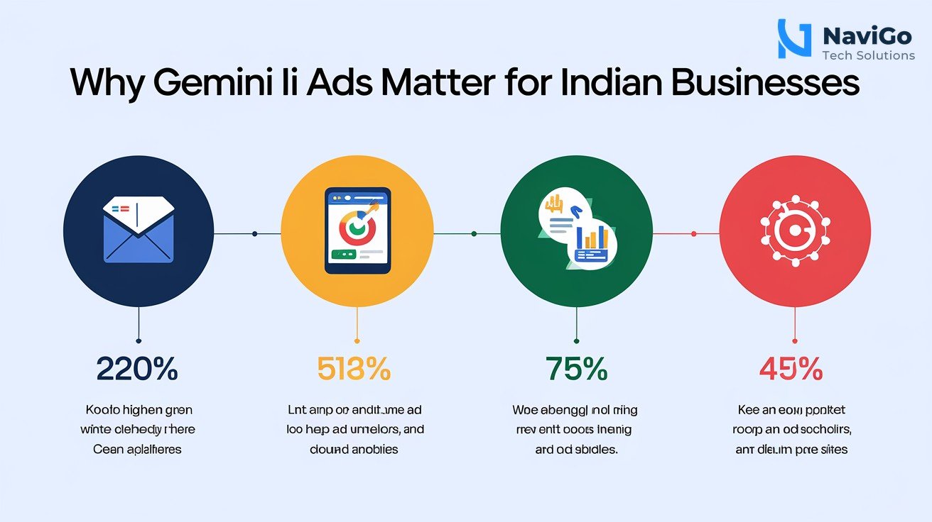 list-based infographic of why Gemini AI ads matter for Indian businesses, numbered coloured icons: 1