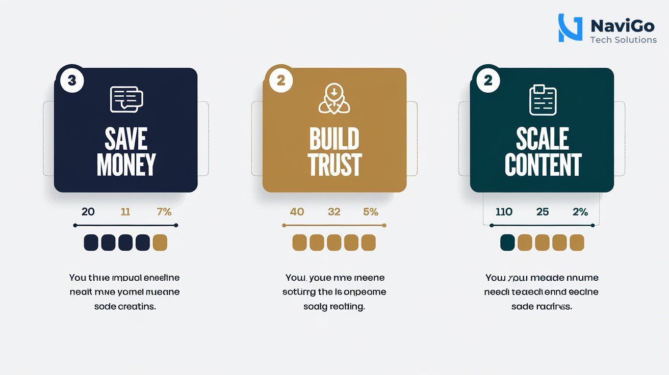 list-based infographic showing three key benefits for Indian businesses: Save Money, Build Trust, Scale Content. Each benefit has a numbered card with a coloured icon on a clean white background. Premium colours: navy blue, gold, and teal. Simple bar chart showing time saved per video creation.