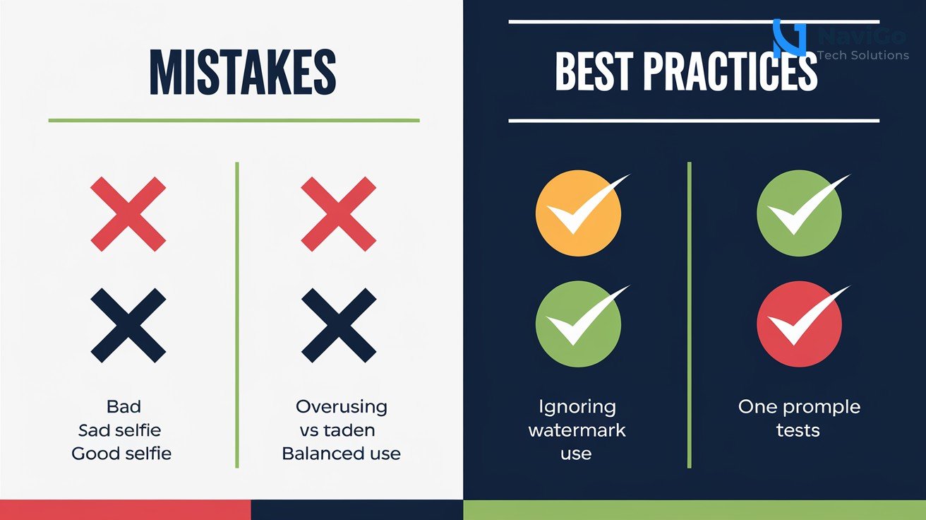 2-column comparison grid, left column labelled “Mistakes” with red Xs, right column labelled “Best Practices” with green checks. Clean white background. Each row has a short label: Bad selfie vs Good selfie, Overusing vs Balanced use, Ignoring watermark vs Acknowledging it, One prompt vs Multiple tests. Premium colours: white background, red and green accents, navy blue headings.