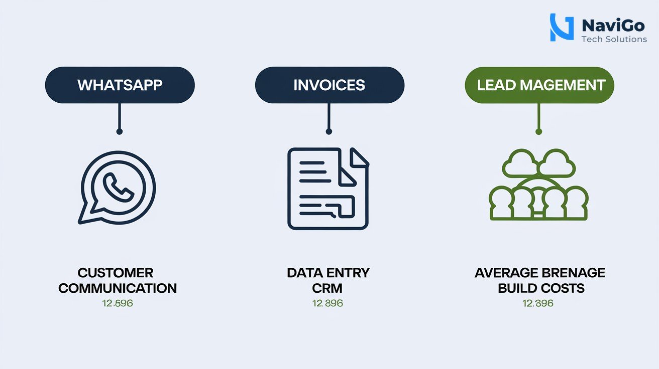 list-based infographic showing three numbered icons for Customer Communication, Data Entry, and Lead Management with short labels like WhatsApp, Invoices, CRM, and average build costs in INR. Clean white background, professional blue and green colour scheme.
