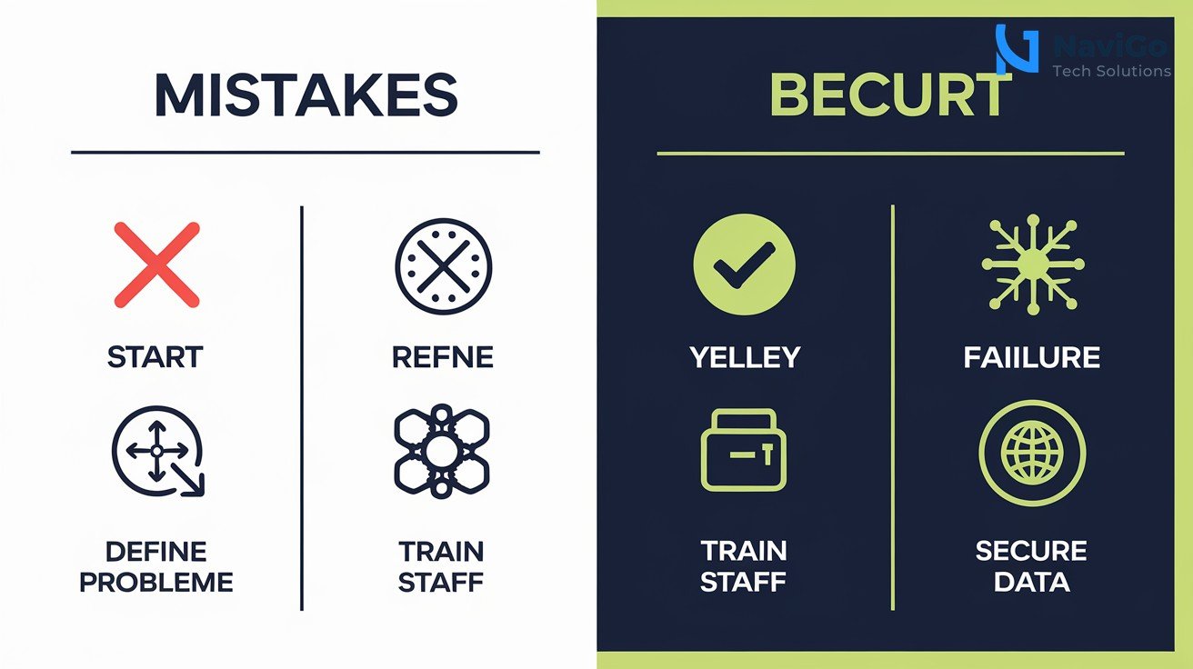 2-column comparison grid with red X icons on the left column for Mistakes and green check icons on the right column for Best Practices. Titles like Start Small, Define Problem First, Train Staff, and Secure Data. Clean white background with professional blue and green tones.