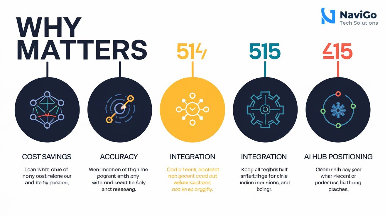 list-based infographic of why GPT-5.6 matters for Indian businesses, numbered with coloured icons for cost savings, accuracy, integration, and AI hub positioning, clean white background, premium colours.