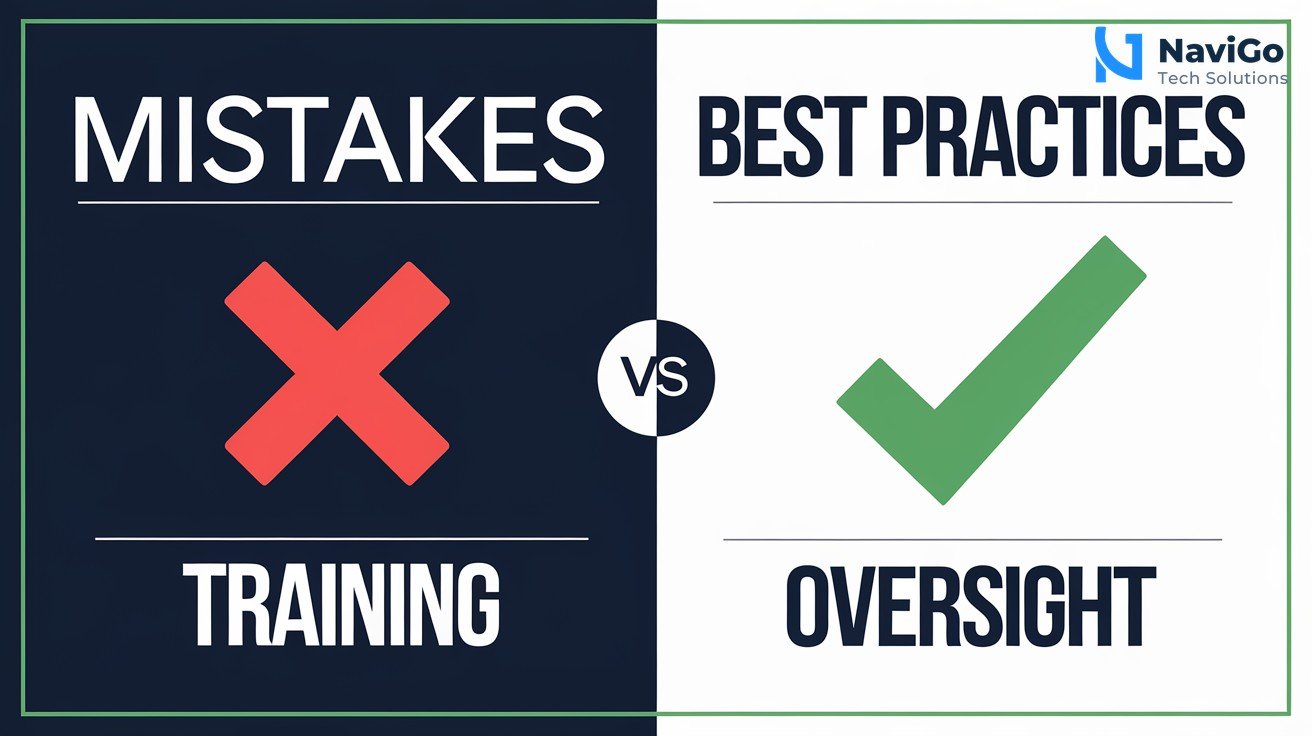 2-column comparison grid, Mistakes (red X) vs Best Practices (green check) for AI adoption, covering data privacy, training, and oversight, clean white background.