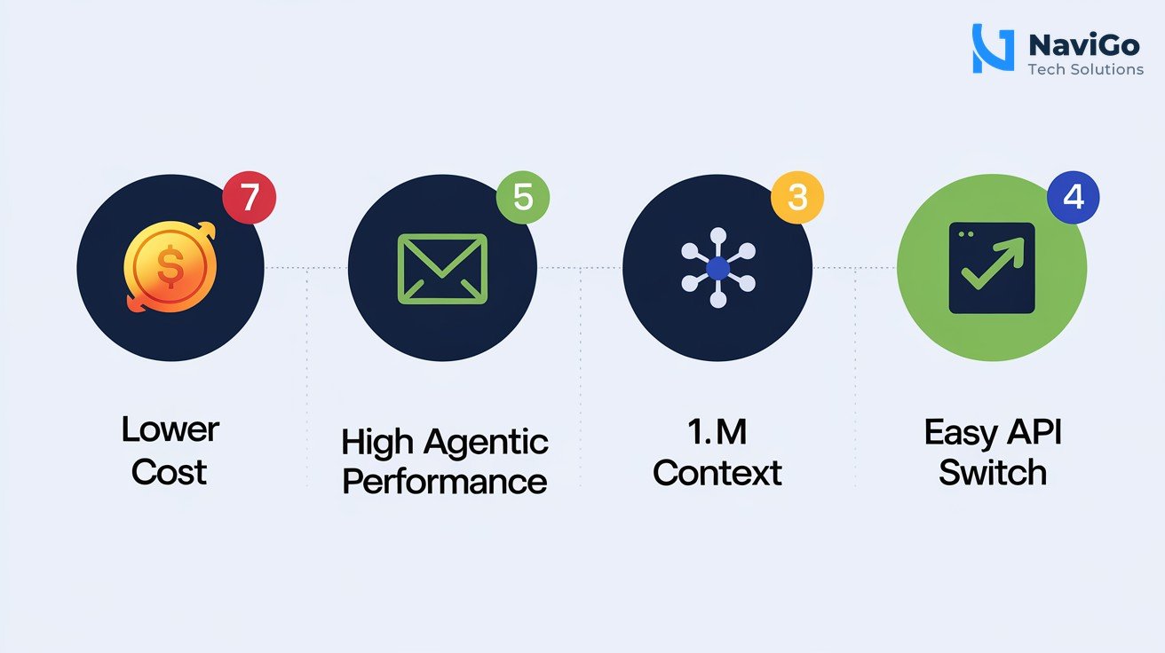 list-based infographic showing Grok 4.3 benefits: lower cost, high agentic performance, 1M context, easy API switch. Numbered colored icons (1 through 4) on clean white background. Premium blue and green colour scheme.