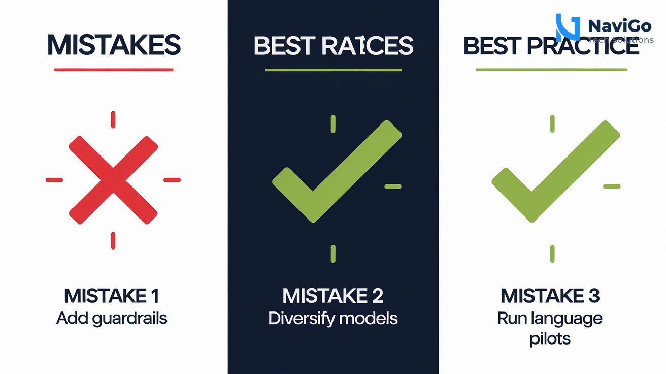 2-column comparison grid showing three mistakes on left (red X icons) vs best practices on right (green check icons). Clean white background. Each row has small icon and short label: Mistake 1 vs 