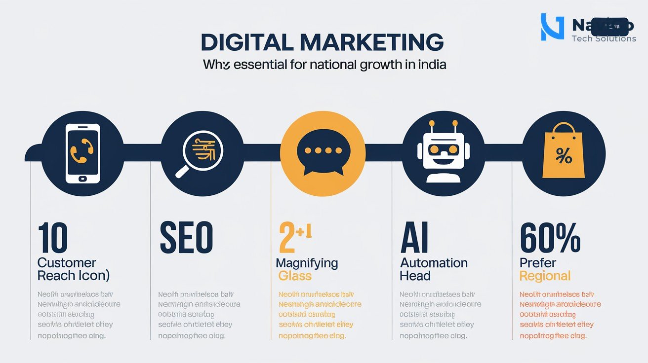 list-based infographic showing 5 reasons why digital marketing is essential for national growth in India. Each reason is a numbered card with a colored icon: Customer Reach (phone icon), SEO (magnifying glass), Regional Language (speech bubble), AI Automation (robot head), Social Commerce (shopping bag). Clean white background, premium blue and orange colours, short labels like