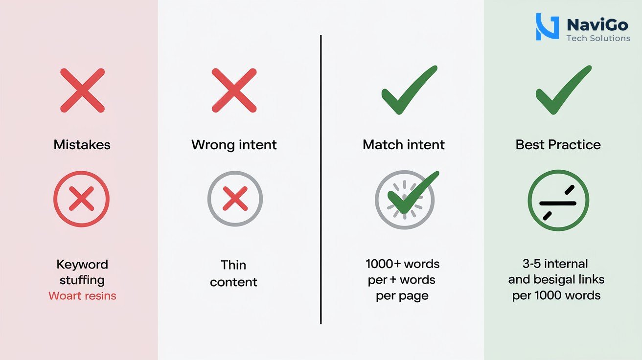 2-column comparison grid, Mistakes (red X) vs Best Practices (green check), clean white background. Left column: Mistake 1: Keyword Stuffing (red X), Mistake 2: Wrong Intent (red X), Mistake 3: Thin Content (red X), Mistake 4: No Internal Links (red X). Right column: Best Practice 1: Natural Language (green check), Best Practice 2: Match Intent (green check), Best Practice 3: 1000+ Words per page (green check), Best Practice 4: 3-5 Internal Links per 1000 words (green check). Each has a short label.