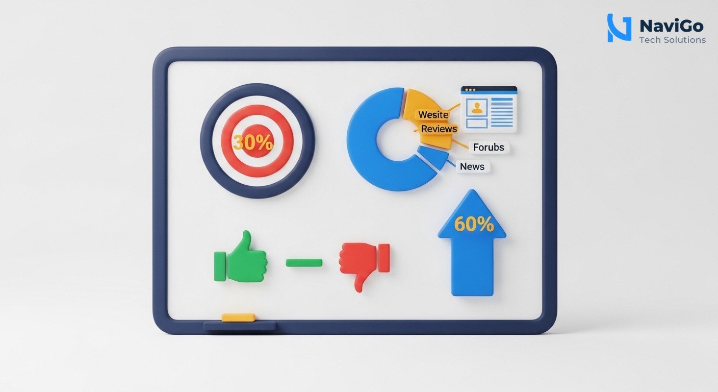 list-based infographic of why this matters, numbered colored icons, clean white background, premium colours. The infographic shows four metric icons: Citation Rate (a target with 30% highlighted), Source Type Distribution (a pie chart with website, reviews, forums, news), Sentiment Context (green thumbs up, neutral thumb, red thumb down), Query Volume Growth (an upward trending arrow with 60% growth noted). Short labels under each icon.