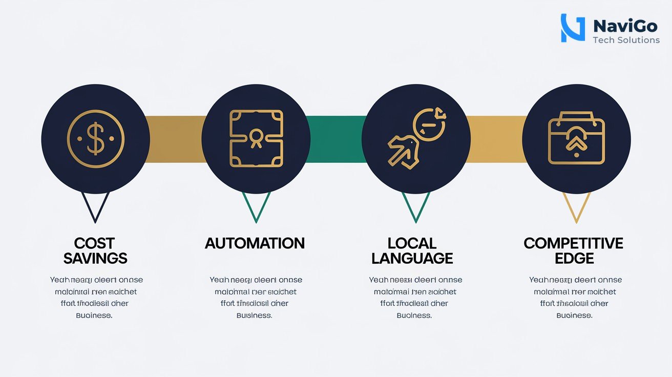 list-based infographic with 4 numbered icons (Cost Savings, Automation, Local Language, Competitive Edge) in premium navy and gold, clean white background, each icon has a short label and one-line benefit. The infographic is titled 