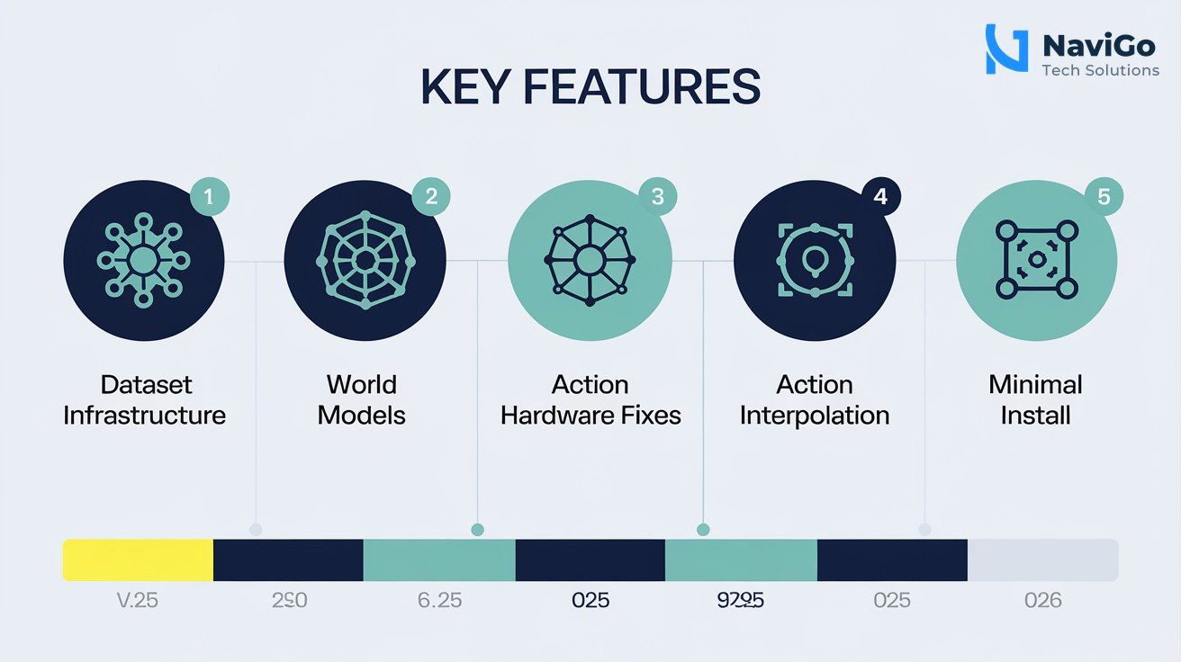 list-based infographic showing five key features of LeRobot v0.6.0 with numbered icons: 1 Dataset Infrastructure, 2 World Models, 3 Hardware Fixes, 4 Action Interpolation, 5 Minimal Install. Each icon is a coloured circle on a clean white background. Premium blue and teal colour palette. Simple bar chart below showing training speed improvement from v0.5 to v0.6.