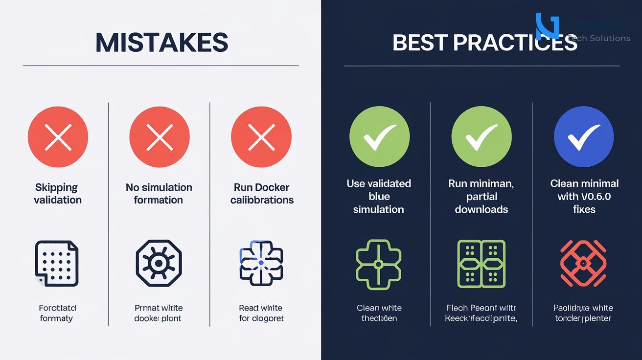 2-column comparison grid with four rows. Left column Mistakes with red X icons: Skipping validation, No simulation, Full downloads, Ignoring hardware calibration. Right column Best Practices with green check icons: Use validated format, Run docker simulation, Partial downloads, Calibrate with v0.6.0 fixes. Clean white background, premium corporate blue and green palette.