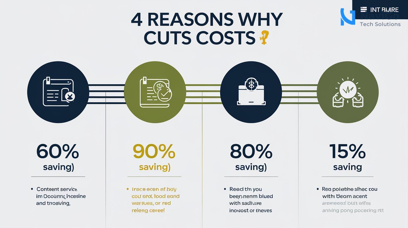 list-based infographic showing 4 reasons why GPT-5.6 cuts costs, with numbered coloured icons for Customer Service (60% saving), Content (90% saving), Code (80% saving), and Training (15-20% salary increase), clean white background, premium blue and green colours.