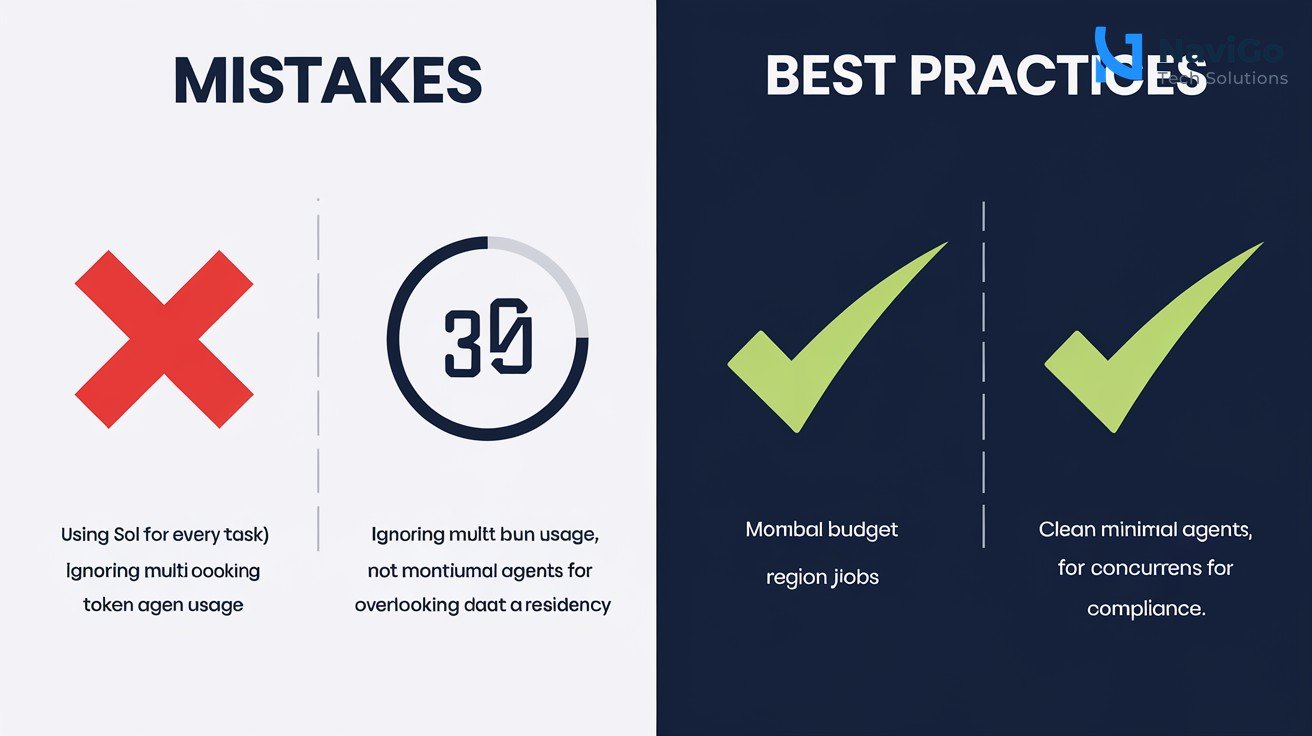 2-column comparison grid with Mistakes (red X) on the left and Best Practices (green check) on the right. Mistakes: Using Sol for every task, Ignoring multi-agent beta, Not monitoring token usage, Overlooking data residency. Best Practices: Match model to task complexity, Use parallel agents for concurrent jobs, Set monthly budget alerts, Choose Mumbai AWS region for compliance. Clean white background with premium professional colours.