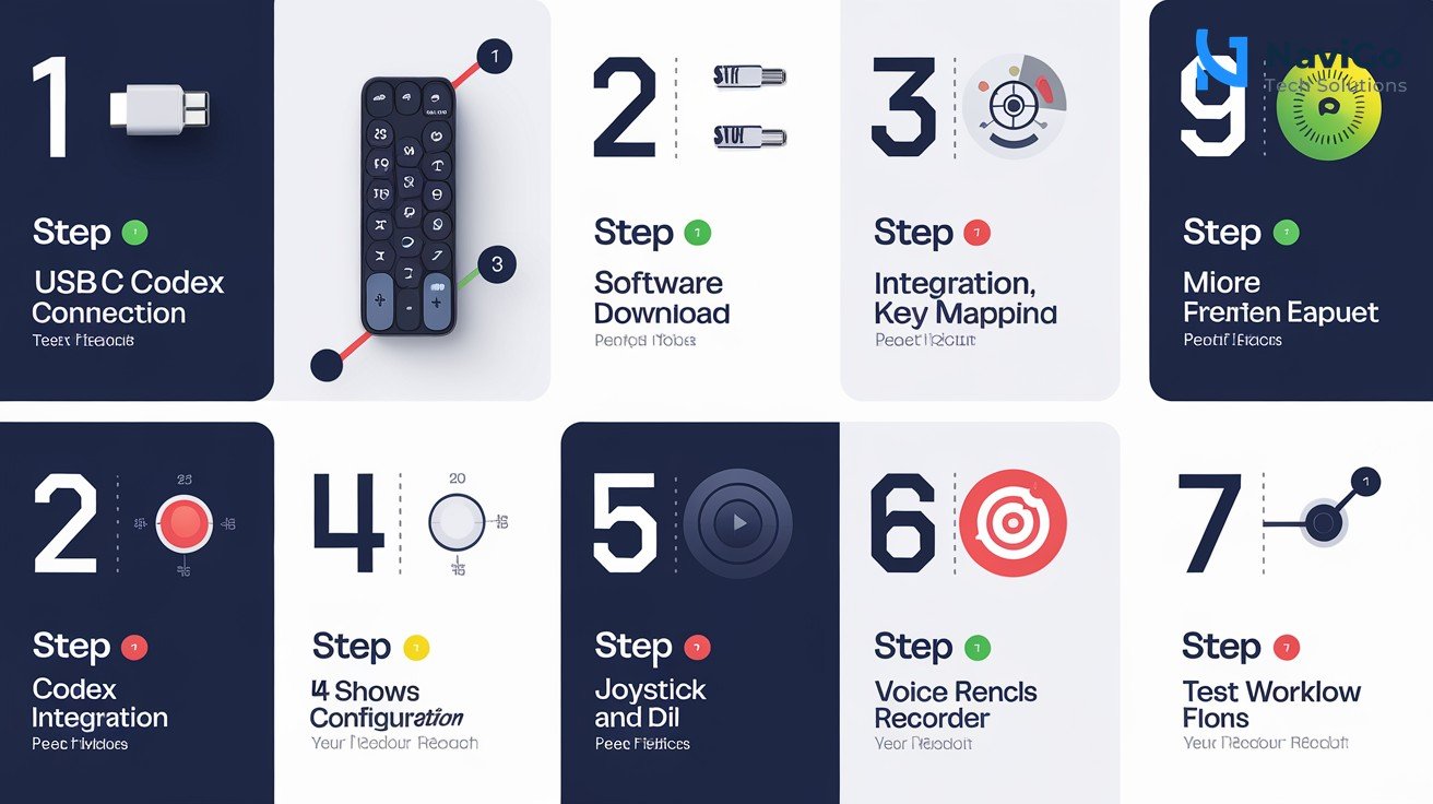 Clean modern infographic on a white background showing a 7-step numbered setup guide for the Codex Micro keyboard. Step 1 shows USB-C connection, Step 2 shows software download, Step 3 shows Codex integration, Step 4 shows key mapping, Step 5 shows joystick and dial configuration, Step 6 shows voice recorder, Step 7 shows test workflow. Professional premium colours, short correct labels, numbered cards with circular icons.