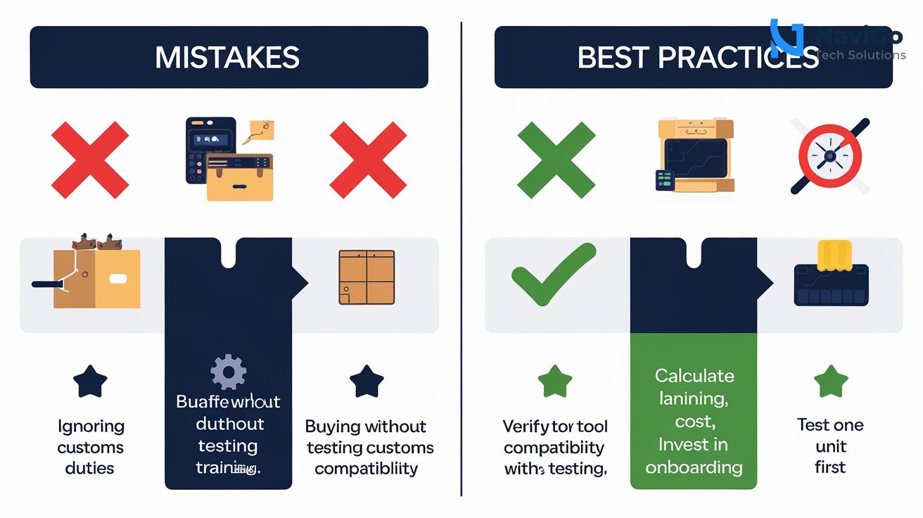 Clean modern infographic on a white background with a 2-column comparison grid. Left column shows Mistakes with red X icons: ignoring customs duties, buying without testing compatibility, skipping training, ordering single unit without testing. Right column shows Best Practices with green check icons: calculate landed cost, verify tool compatibility, invest in onboarding, test one unit first. Professional premium colours, clear short labels, clean layout.