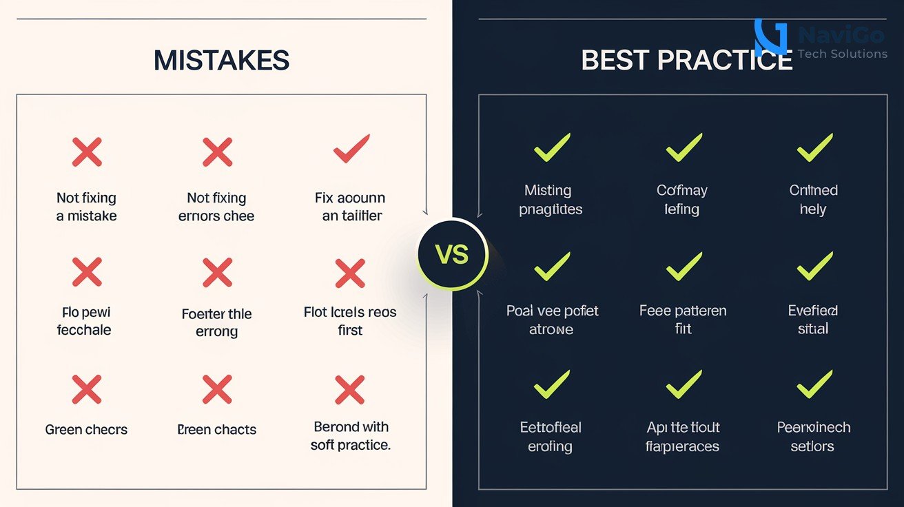 2-column comparison grid, Mistakes (red X) vs Best Practices (green check), clean white background. Left column: red X icons with text for each mistake, Right column: green check icons with text for each best practice. Example: Mistake 3 - Not Fixing Errors (red) vs Fix Critical Errors First (green). Professional look with soft shadows.