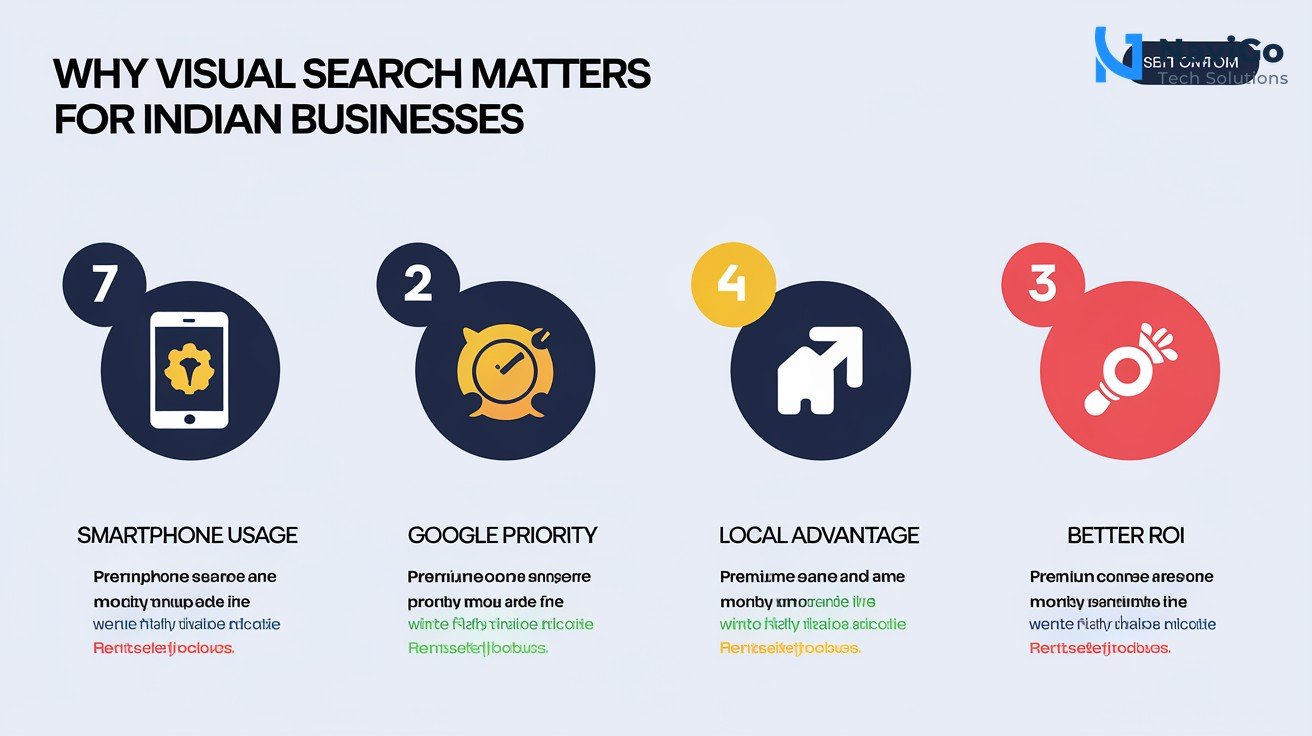 list-based infographic of why visual search matters for Indian businesses, numbered colored icons for each reason (smartphone usage, Google priority, local advantage, better ROI), clean white background, premium colours like deep blue and gold.